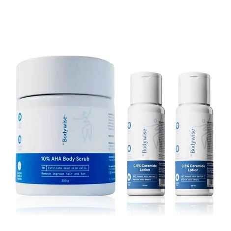 Buy Be Bodywise Soft Skin Exfoliation & Repair Duo - 0.5% Ceramide Body Lotion (2 x 30 ml) + 10% AHA Body Scrub (300 gm) Combo of 2 - Purplle