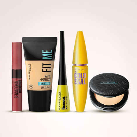 Buy Maybelline New York All-In Glam Kit | Fit Me Compact 128 (6 gm) | Fit Me Liquid Foundation Tube 128(18 ml) | Colossal Mascara Black (10.7 ml) | Colossal Bold Eyeliner Black (3 ml) | Sensational Liquid Lipstick 02 Soft Wine (7 ml) Combo of 5 - Purplle