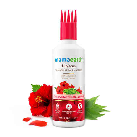 Buy Mamaearth Hibiscus Damage Repair Hair Oil with Hibiscus & Curry Leaves for Strong & Nourished Hair - 150 ml | Repairs Rough, Dry & Damaged Hair | Makes Hair Smooth & Frizz Free | Suitable For All Hair Types - Purplle