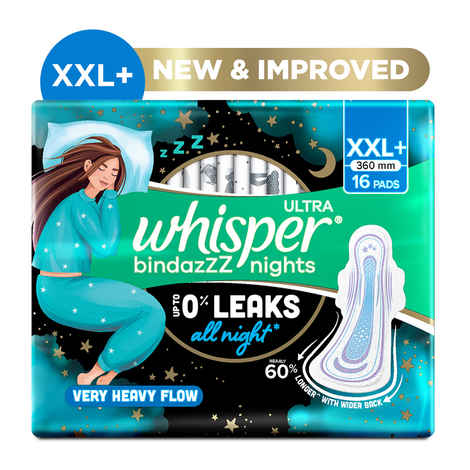 Buy Whisper Bindazzz Nights XXL + 360 mm Sanitary Pads Upto 0% Leaks All Night Long (16 pads) - Purplle