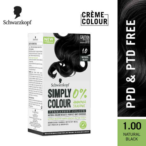Buy Schwarzkopf Simply Colour Permanent Hair Colour For 100% Grey Coverage - 1.00 Natural Black, 142.5 ml - Purplle