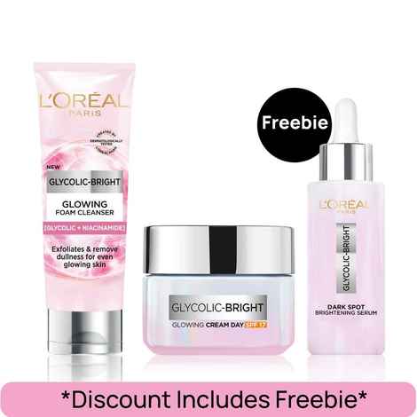 L'Oreal Paris Glycolic Bright Combo (Glycolic Bright 8% [Melasyl + Niacinamide] Face Serum for Brightening Dark Spot (15 ml) + Glycolic Bright Day Cream with SPF 17 (15 ml) + Glycolic Bright Glowing Daily Cleanser Foam (100 ml))Combo of 3