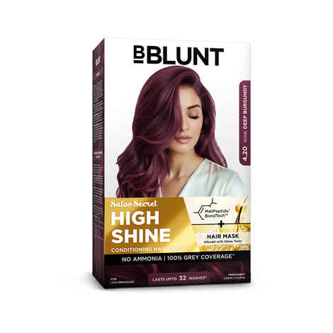 Buy BBLUNT Salon Secret High Shine Conditioning Hair Colour With MaliPeptide BondTech™ to reduce breakage | Wine Deep Burgundy- 4.20 | No Ammonia, 100% Grey Coverage |Permanent Colour |Salon at home |130 gm - Purplle