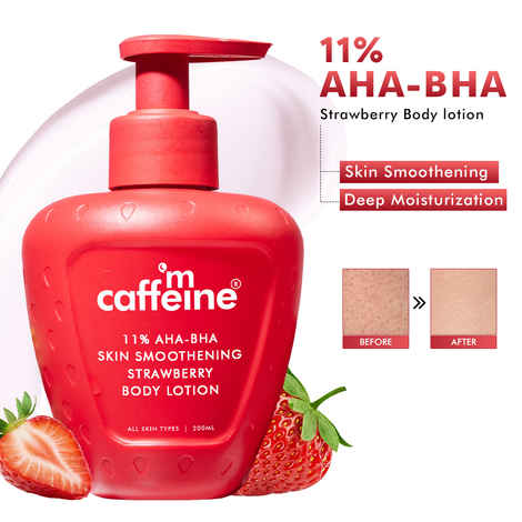 Buy mCaffeine 11% AHA BHA Strawberry Body Lotion for Skin Smoothening | Juicy Strawberry Scent | Gently Exfoliates & Deeply Moisturization- 200 ml - Purplle