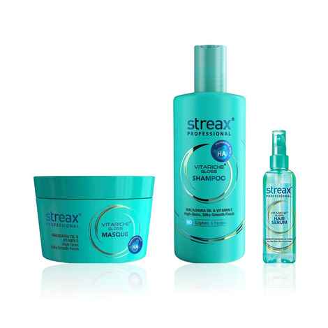 Buy Streax Professional Vitariche Gloss Combo Serum Shampoo & Conditioner With Hyaluronic Acid | Deep Conditioner | Frizz Control Combo of 3 - Purplle