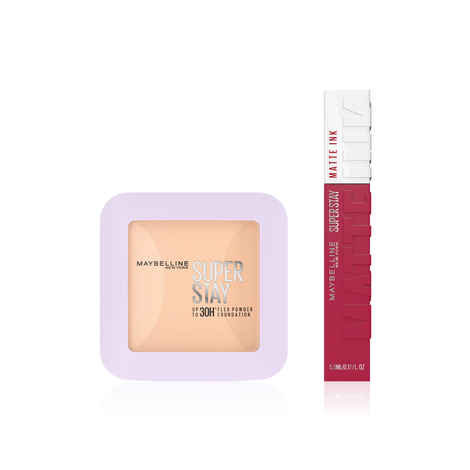 Maybelline New York SuperStay Power Duo | Foundation Compact 128 Full Coverage 30H Full Coverage ( 9 gm) | Matte Ink Lipstick( 5 ml), Combo of 2