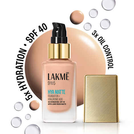 Buy Lakme 9to5 Hya Matte Foundation + Hyaluronic Acid, 5X Hydration, SPF 40, Upto 12 Hrs Matte Finish, Warm Sand - 25 ml - Purplle