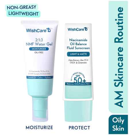 Buy WishCare Oil Balance Fluid Sunscreen 50 gm and 2:1:3 NMF Water Gel Moisturizer for Oily & Sensitive Skin 50 ml, Combo of 2 - Purplle