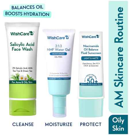 Buy WishCare AM Skincare Routine with Face Wash 100 ml, Moisturizer 50 ml and Sunscreen for Oily & Sensitive Skin 50 gm Combo of 3 - Purplle