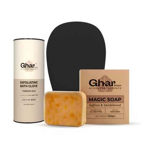 Buy GHAR SOAPS Exfoliating Body Gloves and Sandalwood & Saffron Magic Soap for Bathing 100 gm - Purplle
