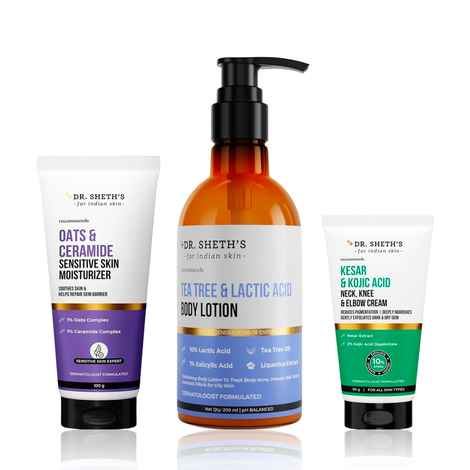 Buy Dr. Sheth's Body & Barrier Care Combo of 3(Dr. Sheth's Tea Tree & Lactic Acid Body Lotion 200 ml + Dr. Sheth's Oat & Ceramide Sensitive Skin Moisturizer 100 gm + Dr. Sheth's Kesar & Kojic Acid Neck Knee & Elbow Cream 50 gm) - Purplle