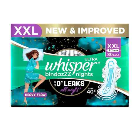Buy Whisper Bindazzz Nights XXL Sanitary Pads Upto 0% Leaks All Night Long (30 pads) - Purplle