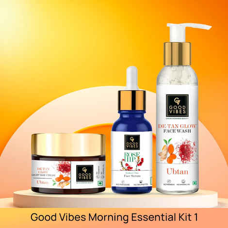 Buy Good Vibes Morning Essential Kit 1 - Ubtan De Tan Glow Face Wash (120 ml) + Rosehip Radiant Glow Face Serum (10 ml) + Ubtan De-tan Glow Light Day Cream (50 gm) - Purplle