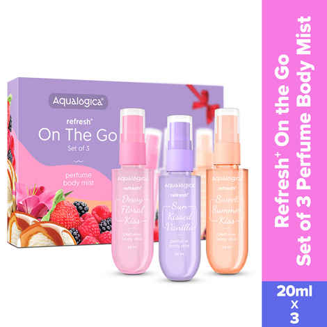 Buy Aqualogica Refresh+ On the Go Set of 3 Perfume Body Mist, 3 x 20 ml for Women Perfume Set For Women I Long Lasting Fragrance Warm, Sweet & Floral Fragrance | Double Duty Mist for Hair & Body - Purplle