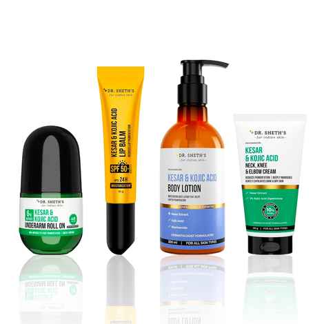 Buy Dr. Sheth's Complete Body Care: Kesar & Kojic Acid Body Lotion (200 ml) + Underarm Roll On (50 ml) + Lip Balm (10 gm) + Neck, Knee & Elbow Cream (50 gm) - Combo of 4 - Purplle