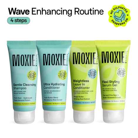 Buy Moxie Beauty Wavy Travel Routine - Shampoo (50 ml) , Conditioner (50 ml) , Leave-In Conditioner (50 ml) & Styling Serum Gel (50 ml) Combo of 4 - Purplle