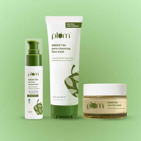 Buy Plum Green Tea Clear Skin Combo (Green Tea Non-Drying Face Wash-75 ml + Green Tea Oil-Free Moisturizer-50 ml + Green Tea Clear Face Mask-60 gm) - Combo of 3 - Purplle