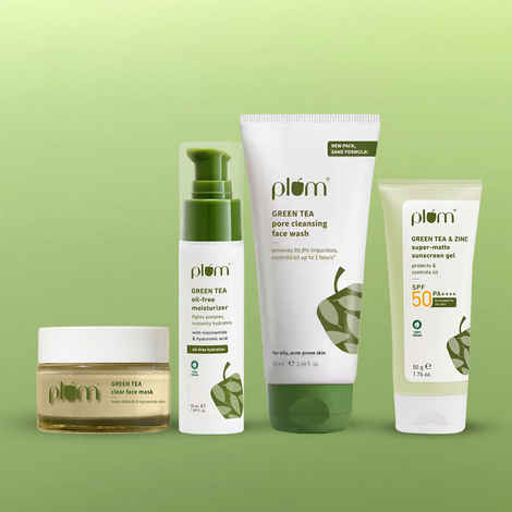 Buy Plum Green Tea Glow & Protect Combo (Green Tea Non-Drying Face Wash-75 ml + Green Tea Oil-Free Moisturizer-50 ml + Green Tea Clear Face Mask-60 gm + Green Tea & Zinc Super-Matte Sunscreen Gel-50 gm) - Combo of 4 - Purplle