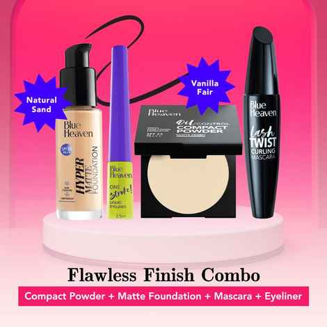 Buy Blue Heaven Flawless Finish Combo (Oil Control Compact - Vanilla Fair , Hyper Matte Foundation - 103 Natural Sand, Lash Twist Mascara - Black Pack, One Stroke Liquid Eyeliner - Jet Black) (8 g + 30 ml + 12 ml + 3.5 ml) - Purplle