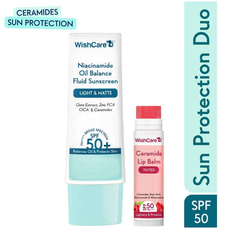 Buy WishCare Niacinamide Oil Balance Fluid Sunscreen SPF50 PA++++ – In-Vivo Tested, Lightweight & Matte for Oily Skin + Tinted Ceramide LipBalm SPF 50 PA+++ with Kojic Acid for Brightening & Pigmentation|Combo of 2 - Purplle