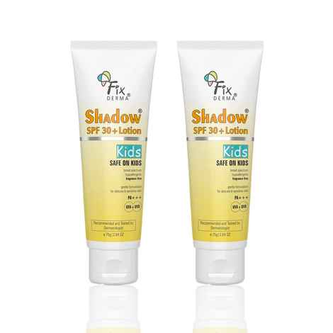 Buy Fixderma Shadow Kids Care Set | SPF 30+ Lotion Sunscreen for Sensitive Skin | Broad Spectrum UVA & UVB Protection | Non Greasy & Water Resistant | For Body & Face | (75 gm + 75 gm) Pack of 2 - Purplle