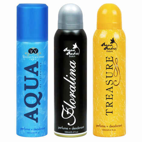 Buy Vincent Valentine Aqua De Valentine Deodorant + Anna Andre Paris Floralina Deodorant + Anna Andre Paris Treasure Deodorant (160 ml each) - Purplle