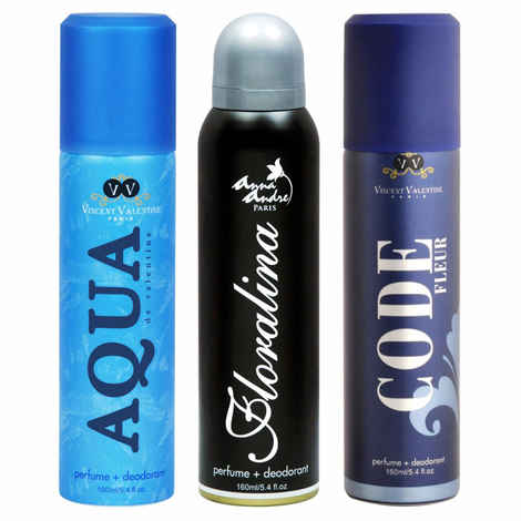 Buy Vincent Valentine Aqua De Valentine Deodorant + Anna Andre Paris Floralina Deodorant + Vincent Valentine Code Deodorant (160 ml each) - Purplle
