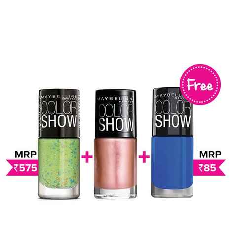 Buy Maybelline Color Show Go Graffiti Green Graffiti Nail Polish 804 (6 ml) + Maybelline Color Show Bright Sparks Blazing Blue Nail Polish 706 (6 ml) + Free Maybelline Color Show Cinderella Pink 001 (6 ml) - Purplle