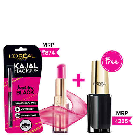 Buy L'Oreal Paris Rouge Caresse Lipstick Cheeky Mqagenta 07 (2.5 g) + L'Oreal L'Oreal Paris Kajal Magique (0.35 g) + Free L'Oreal L'Oreal Paris Color Riche Le Vernis Midnight Mistress Nail Polish 701 (5 ml) - Purplle