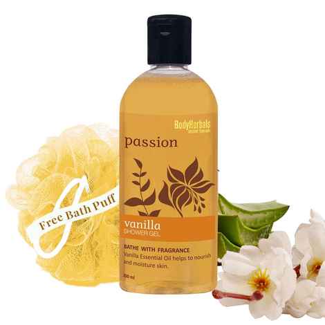 Buy BodyHerbals Ancient Ayurveda Passion Vanilla Shower Gel (200 ml) + FREE Body Herbals Bath Puff - Purplle