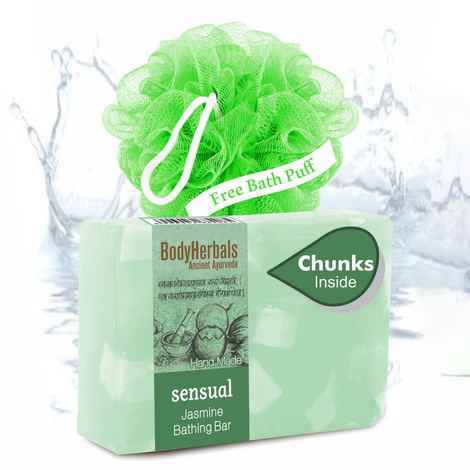 Buy BodyHerbals Ancient Ayurveda Sensual Hand Made Jasmine Bathing Bar (100 g) + FREE Body Herbals Anvient Ayurveda Bath Puff - Purplle