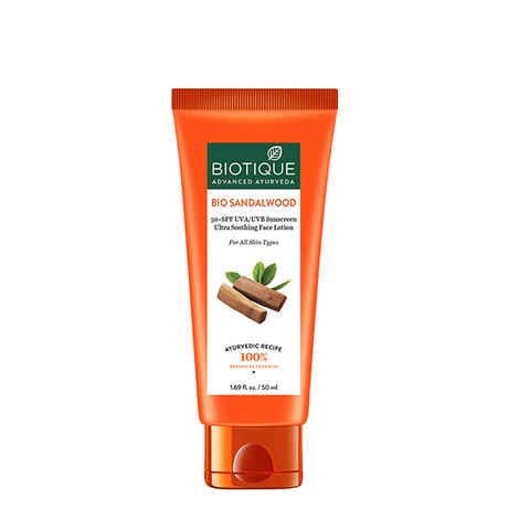 Buy Biotique Bio Sandalwood Ultra Soothing Face Lotion 50 + SPF UVA/UVB Sunscreen (50 ml) - Purplle