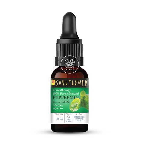 Soulflower Peppermint Essential Oil for Hair & Skin Care, Aromatherapy, Home Diffuser - 100% Pure, Organic, Natural Undiluted Oil, Ecocert Cosmos Organic Certified 15ml