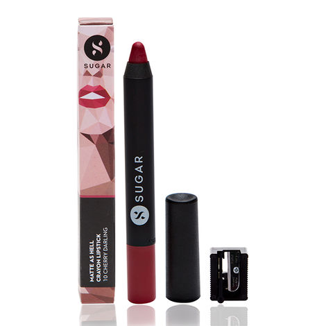 SUGAR Cosmetics Matte As Hell Crayon Lipstick - 10 Cherry Darling (Cherry Red) With Free Sharpener