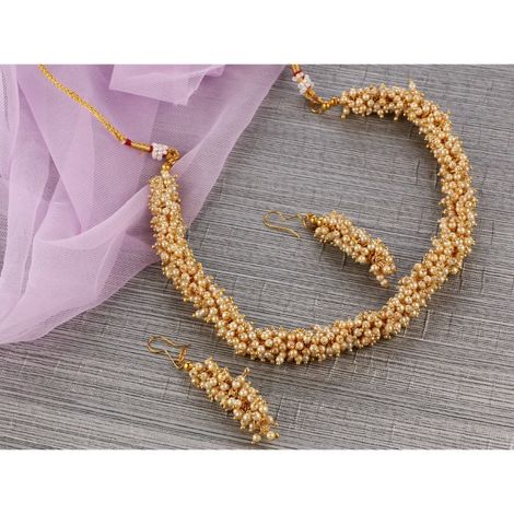 Kord Store Party Wear Gold White Moti Traditional Jewellery Necklace Set With Earrings For Women Girls KSNKE60028