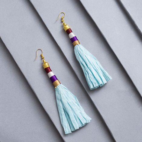 Golden Peacock Light Blue Tassel Earring