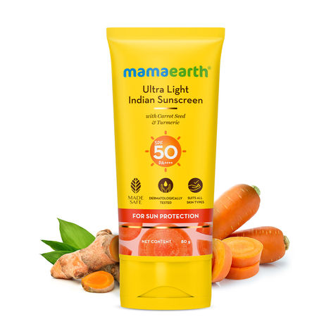 Mamaearth Ultra Light Indian Sunscreen with Carrot Seed, Turmeric, and SPF 50 PA+++ for Sun Protection - 80 g