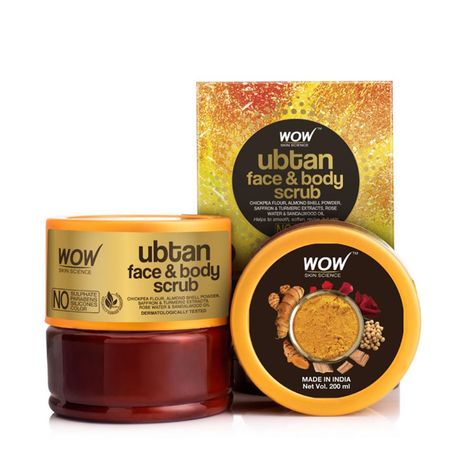 WOW Skin Science Face and Body Ubtan Scrub with Chickpea Flour, Saffron & Turmeric Extracts - No Sulphate, Parabens, Silicones & Color, 200 ml