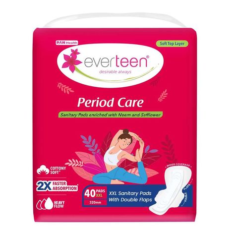 everteen Period Care XXL Soft 40 Sanitary Pads 320mm with Double Flaps enriched with Neem and Safflower - 1 Pack (40 Pads)