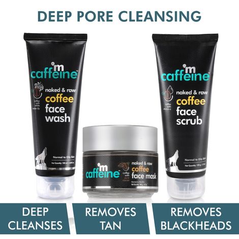 mCaffeine Deep Pore Cleansing Regime | Deep Cleanse, Tan Removal, Blackheads Removal | Face Wash, Face Mask, Face Scrub | Oily/Normal Skin | Paraben & SLS Free 300 gm