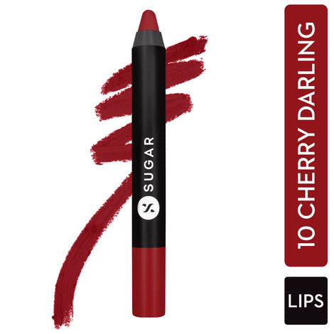 SUGAR Cosmetics - Matte As Hell - Crayon Lipstick - 10 Cherry Darling (Cherry Red) - 2.8 gms -With Free Sharpner