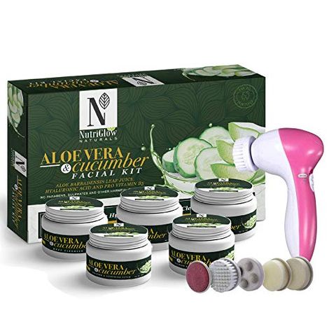 NutriGlow NATURAL'S Aloe Vera & Cucumber Facial Kit (260gm) With 5-in-1 Face Massager For Hydrates & Heals Skin