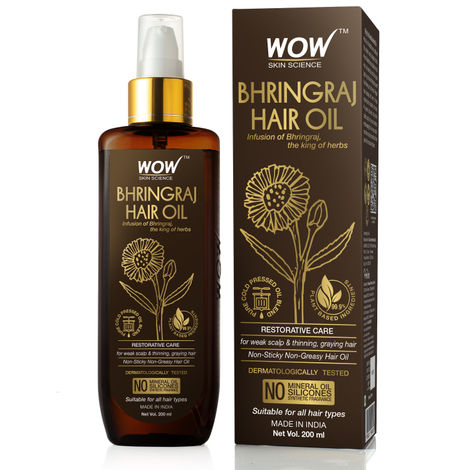 WOW Skin Science Bhringraj Hair Oil - for Hair Restoration - for All Hair Types - Non-Sticky & Non-Greasy Hair Oil - No Mineral Oil, Silicones, Synthetic Fragrance - 200mL