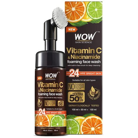WOW Skin Science Vitamin C Foaming Face Wash for Skin Brightening, Age Spots And reduce fine lines - with Built-In Face Brush - 100mL + 50mL = 150mL