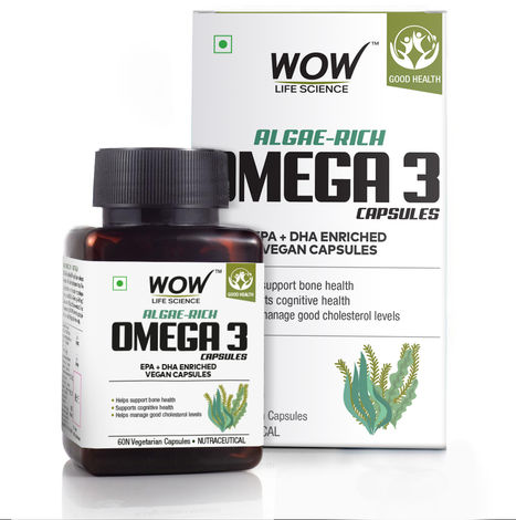 WOW Life Science Algae Based Omega 3 Capsules - EPA + DHA Enriched Vegan Capsules - 60 Vegetarian Capsules 60N (1 tablet -1000mg)