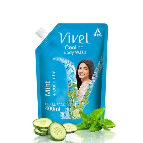 Vivel Body Wash, Mint & Cucumber Shower Gel Creme, Liquid Refill Pouch, Glowing & Moisturised Skin Refill Pouch, All Skin Types 400ml