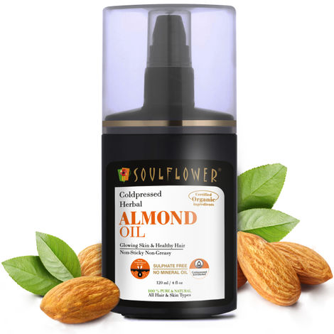 Soulflower Coldpressed Herbal Almond Oil Glowing Skin and Healthy Hair, Non-sticky, Non-greasy, Sulphate Free, No Mineral Oil, All Hair & Skin Types, 120ml