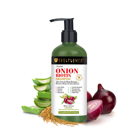 Soulflower Herbal Onion Biotin Shampoo with Aloevera & Plant Keratin, Hair Growth and Hairfall Control, Strengthening Treatment, 300ml