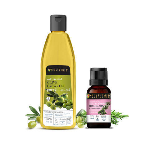 Soulflower Rosemary Essential Oil & Coldpresssed Oilve Carrier Oil for Hair, Skin Pure Natural Combo