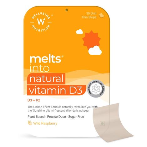 Wellbeing Nutrition Melts Natural Vitamin D3 + K2 (MK-7)| Plant-Based & Vegan for Immunity, Heart, Muscle ,Bone and Cellular Protection (30 Oral Strips)
